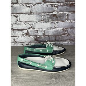 LL Bean Blue Green White Leather Preppy Loafers Boat Shoes Women Sz 9M US/39.5EU